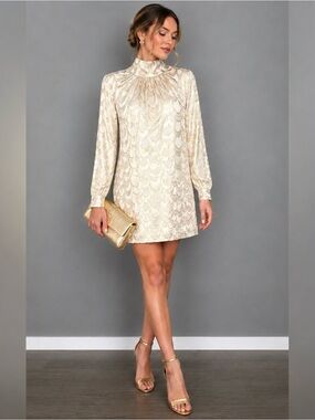 Milly Ivory Metallic Gold Long Sleeve Tie Neck Silk Sherie Mini Dress Size 8
